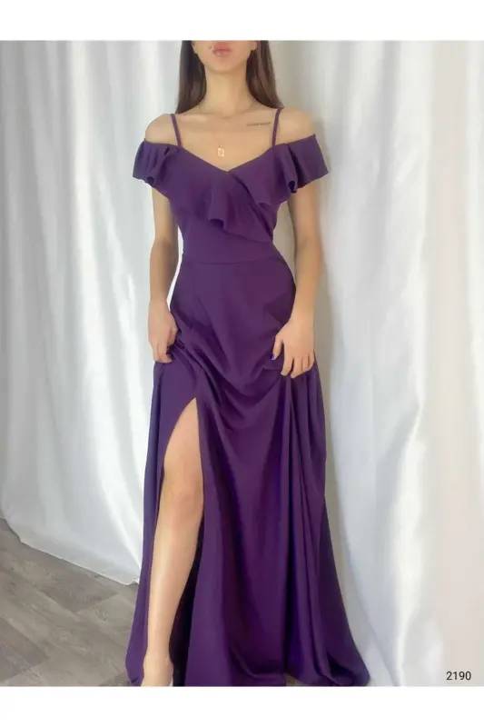 Flexible Purple Crepe Fabric Slit Detailed Chest De Collated Long Evening Dress and Graduation Dress 582190 699-PURPLE 699 - 3