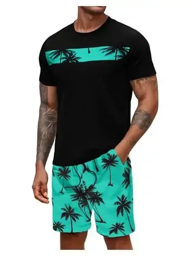 Floerns Men's Shirt and Shorts 2 Piece Sets Graphic Print Beach Outfits 