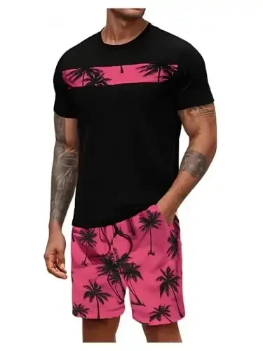 Floerns Men's Shirt and Shorts 2 Piece Sets Graphic Print Beach Outfits 