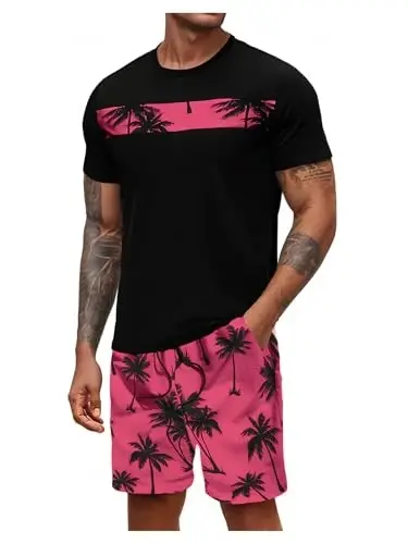 Floerns Men's Shirt and Shorts 2 Piece Sets Graphic Print Beach Outfits - 1