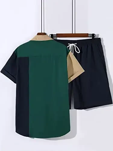 Floerns Men's Two Piece Outfit Printed Shirt Top and Drawstring Waist Shorts Set - 2