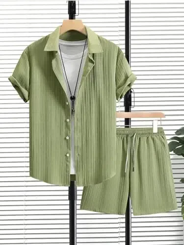 Floerns Men's Two Piece Outfit Printed Shirt Top and Drawstring Waist Shorts Set - 3