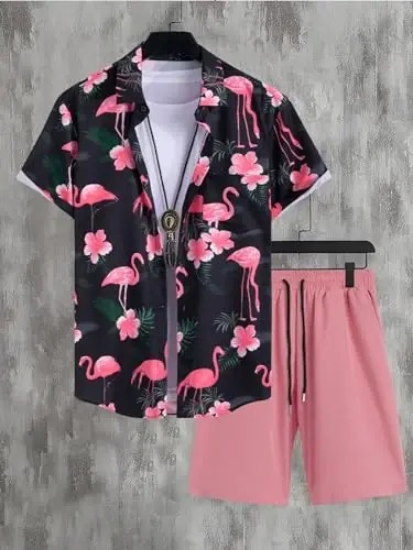 Floerns Men's 2 Piece Outfit Hawaiian Button Down Shirts and Shorts Set - 3