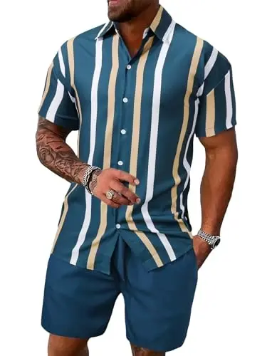 Floerns Men's 2 Piece Outfit Hawaiian Button Down Shirts and Shorts Set 