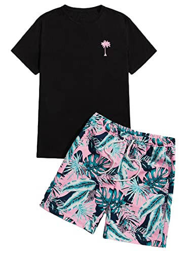 Floerns Men's Graphic Print T Shirt Drawstring Waist Shorts Set 2 Piece Outfit - 1