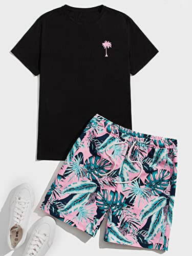 Floerns Men's Graphic Print T Shirt Drawstring Waist Shorts Set 2 Piece Outfit - 6