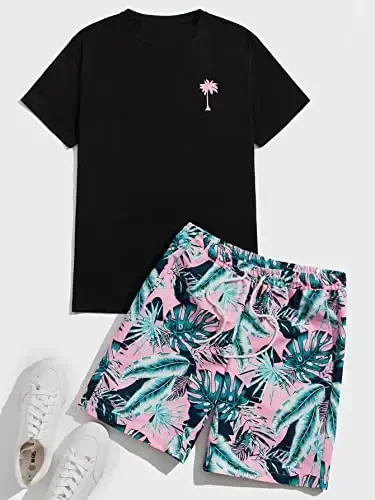 Floerns Men's Graphic Print T Shirt Drawstring Waist Shorts Set 2 Piece Outfit - 5
