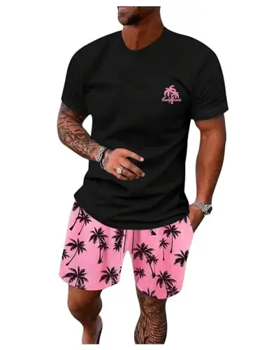 Floerns Men's Shirt and Shorts 2 Piece Sets Graphic Print Beach Outfits - FLOERNS