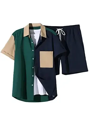 Floerns Men's Two Piece Outfit Printed Shirt Top and Drawstring Waist Shorts Set 