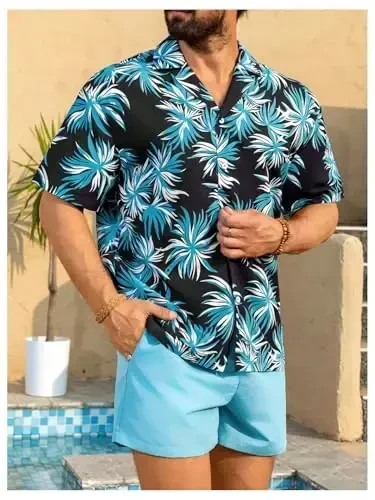 Floerns Men's Two Piece Outfit Printed Shirt Top and Drawstring Waist Shorts Set - 4