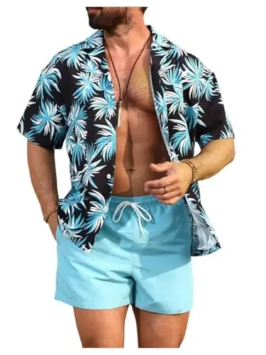 Floerns Men's Two Piece Outfit Printed Shirt Top and Drawstring Waist Shorts Set 