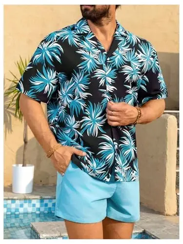Floerns Men's Two Piece Outfit Printed Shirt Top and Drawstring Waist Shorts Set - 4