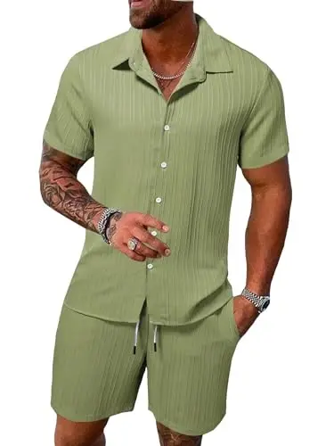 Floerns Men's Two Piece Outfit Printed Shirt Top and Drawstring Waist Shorts Set - Modazone