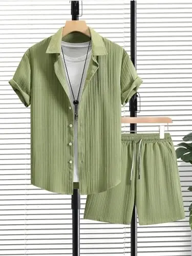 Floerns Men's Two Piece Outfit Printed Shirt Top and Drawstring Waist Shorts Set - 3