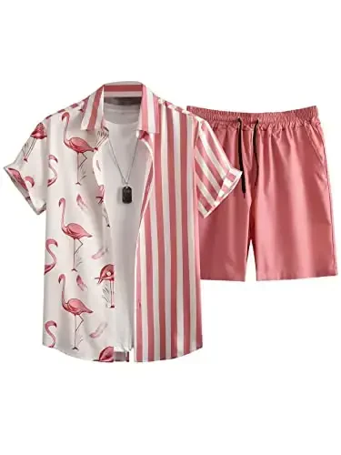 Floerns Men's Two Piece Outfit Printed Shirt Top and Drawstring Waist Shorts Set - 1