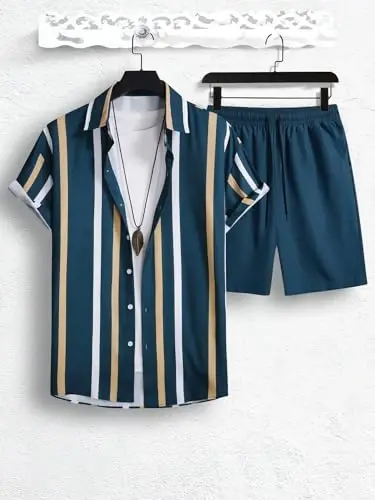 Floerns Men's Two Piece Outfit Printed Shirt Top and Drawstring Waist Shorts Set - 3