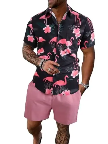 Floerns Men's Two Piece Outfit Printed Shirt Top and Drawstring Waist Shorts Set 