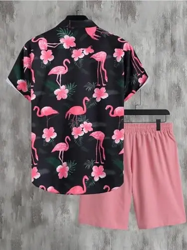Floerns Men's Two Piece Outfit Printed Shirt Top and Drawstring Waist Shorts Set - 2
