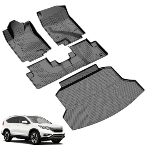 Floor Mats & Cargo Liner Fit for Honda CR-V 2012-2016 LX, SE & EX | All Weather TPE Custom Fit Floor Liner,1st & 2nd Row & Trunk Liner Full Set, Black (Not Fit EX-L & Touring Models) - TTX LIGHTING