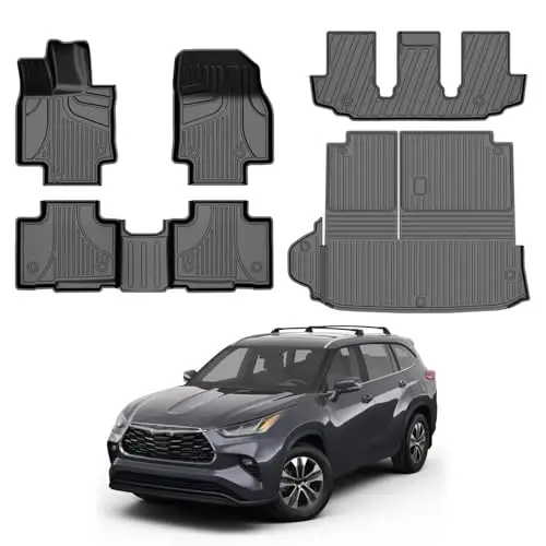Floor Mats & Cargo Liner for Toyota Highlander 7 Seats 2020-2024 2025 TPE All Weather Floor Liner 2024 Highlander 1st 2nd 3th Row & Cargo Mat Back Seat Cover Protector Full Sets (5 PCS) 