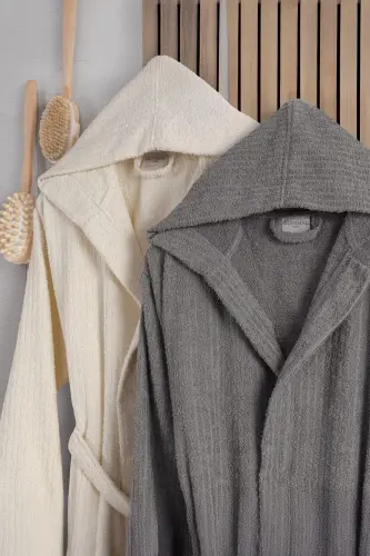 Flora Bay&Mrs. Pamuk 2-Piece Striped Hooded Bathrobe Set | Bathrobe | Dowry Set | Bathrobe Set |-Anthracite Cream - 2