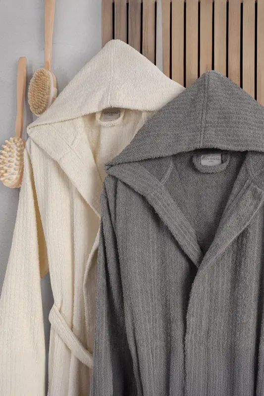 Flora Bay&Mrs. Pamuk 2-Piece Striped Hooded Bathrobe Set | Bathrobe | Dowry Set | Bathrobe Set |-Anthracite Cream - 2