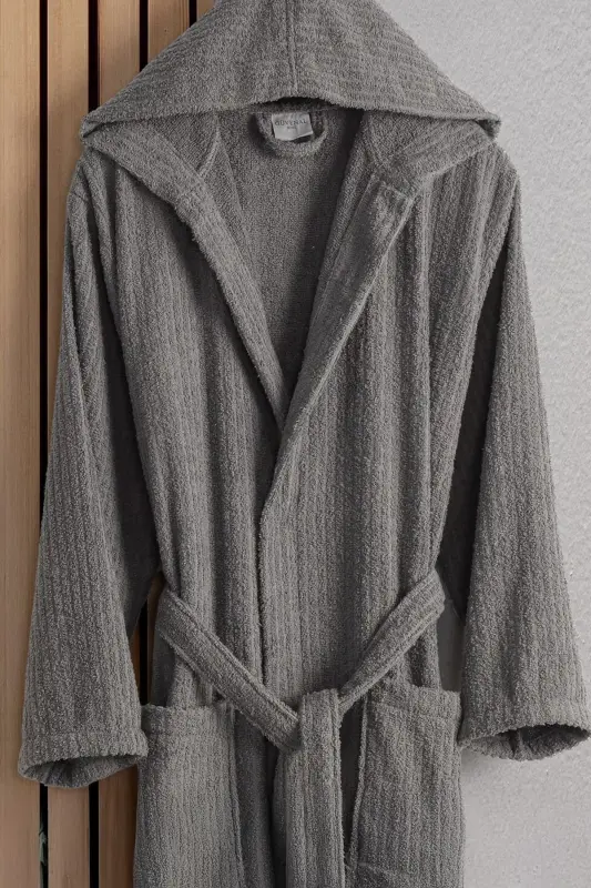 Flora Bay&Mrs. Pamuk 2-Piece Striped Hooded Bathrobe Set | Bathrobe | Dowry Set | Bathrobe Set |-Anthracite Cream - 4