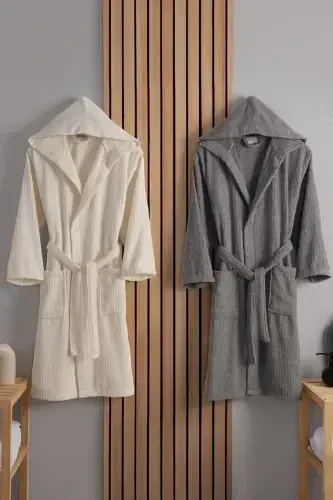 Flora Bay&Mrs. Pamuk 2-Piece Striped Hooded Bathrobe Set | Bathrobe | Dowry Set | Bathrobe Set |-Anthracite Cream - 1