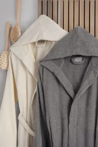 Flora Bay&Mrs. Pamuk 2-Piece Striped Hooded Bathrobe Set | Bathrobe | Dowry Set | Bathrobe Set |-Anthracite Cream - 2