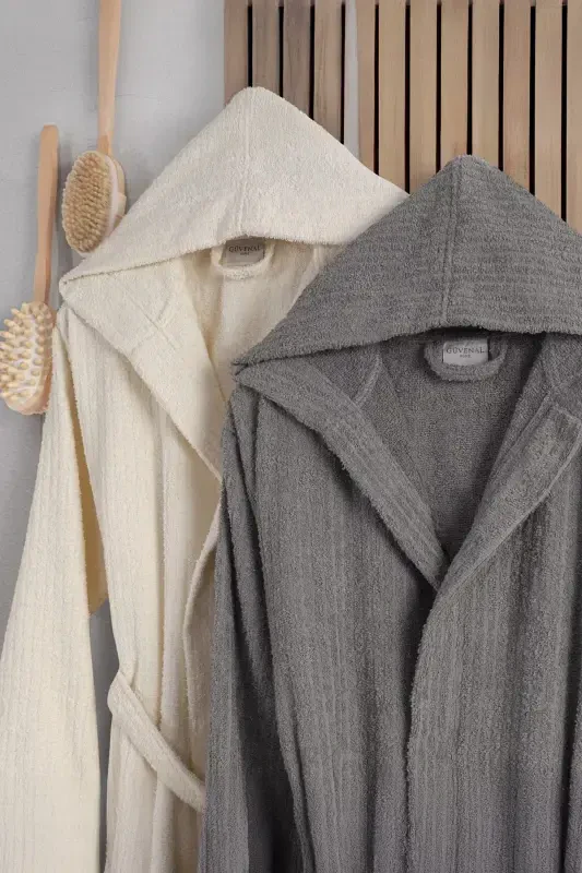 Flora Bay&Mrs. Pamuk 2-Piece Striped Hooded Bathrobe Set | Bathrobe | Dowry Set | Bathrobe Set |-Anthracite Cream - 2