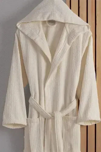 Flora Bay&Mrs. Pamuk 2-Piece Striped Hooded Bathrobe Set | Bathrobe | Dowry Set | Bathrobe Set |-Anthracite Cream - 3