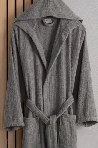 Flora Bay&Mrs. Pamuk 2-Piece Striped Hooded Bathrobe Set | Bathrobe | Dowry Set | Bathrobe Set |-Anthracite Cream - 4