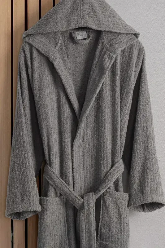 Flora Bay&Mrs. Pamuk 2-Piece Striped Hooded Bathrobe Set | Bathrobe | Dowry Set | Bathrobe Set |-Anthracite Cream - 4