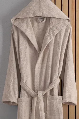 Flora Bay&Mrs. Pamuk 2-Piece Striped Hooded Bathrobe Set | Bathrobe | Dowry Set | Bathrobe Set |-Plum Beige - 3