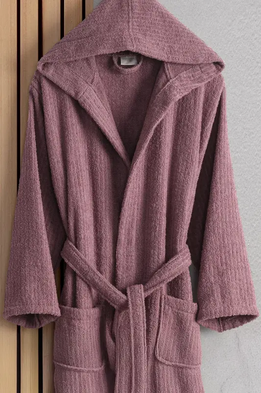 Flora Bay&Mrs. Pamuk 2-Piece Striped Hooded Bathrobe Set | Bathrobe | Dowry Set | Bathrobe Set |-Plum Beige - 4