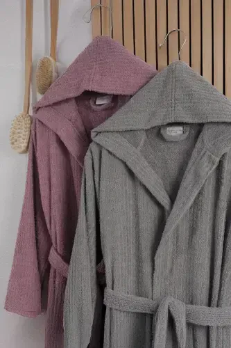 Flora Erkak&Ayol Paxta 2'li Chiziqli Kapüşonli Xalatlar To'plami | Xalat | Sarpo To'plami | Xalat To'plami | - LORATEKS (1)