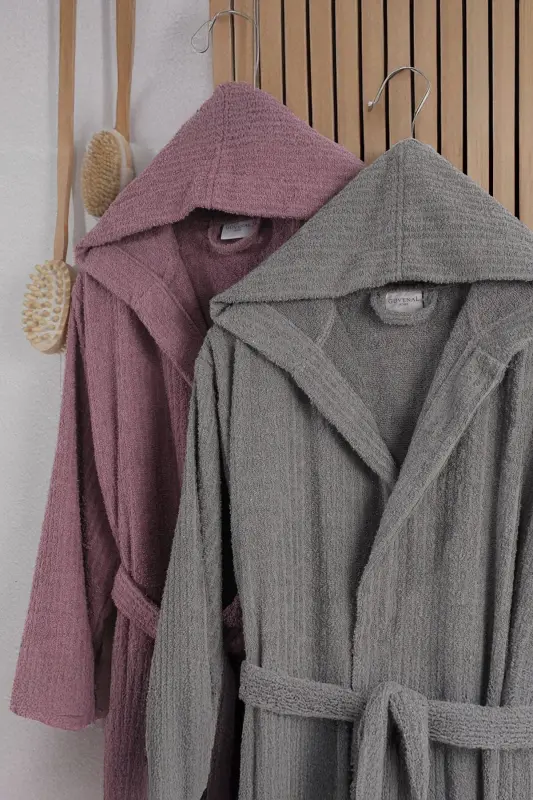 Flora Erkak&Ayol Paxta 2'li Chiziqli Kapüşonli Xalatlar To'plami | Xalat | Sarpo To'plami | Xalat To'plami | - 2