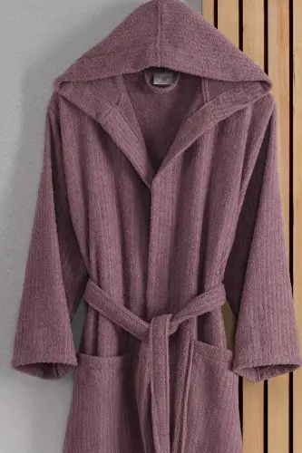 Flora Erkek&Kadın Pamuk 2'li Çizgili Kapüşonlu Bornoz Seti | Bornoz | Çeyiz Seti | Bornoz Takımı |-Antrasit Mürdüm - 3