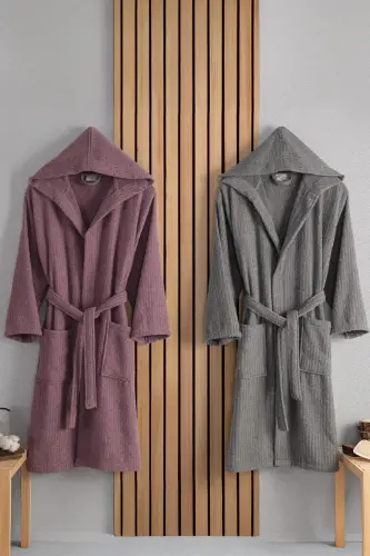 Flora Men&Women Cotton 2 Piece Striped Hooded Bathrobe Set | Bathrobe | Bridal Set | Bathrobe Set - 1