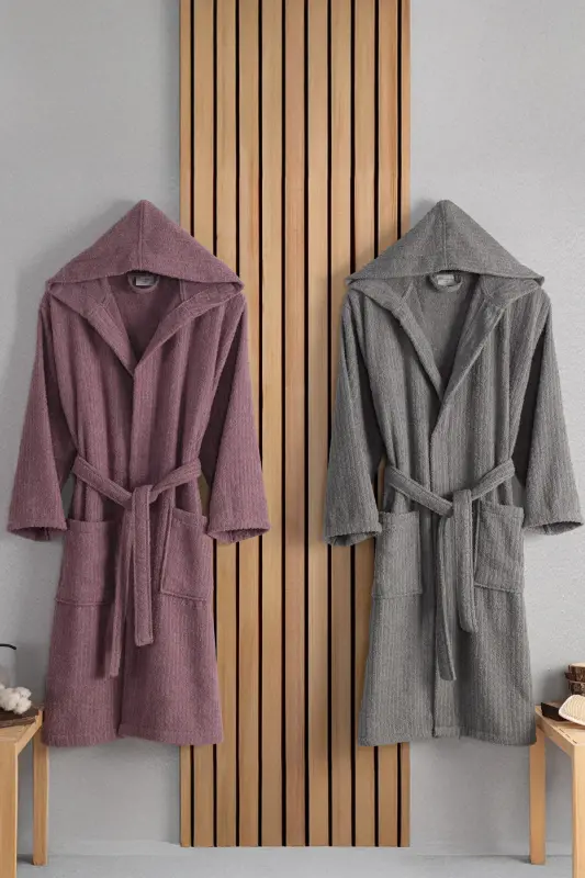Flora Men&Women Cotton 2 Piece Striped Hooded Bathrobe Set | Bathrobe | Bridal Set | Bathrobe Set - 1