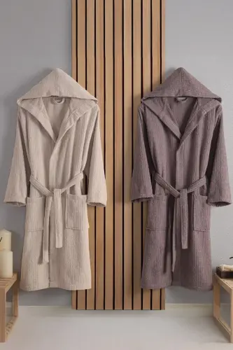 Flora Pamuk 2-Piece Striped Hooded Bathrobe Set | Bathrobe | Dowry Set | Bathrobe Set | -Rose Beige 