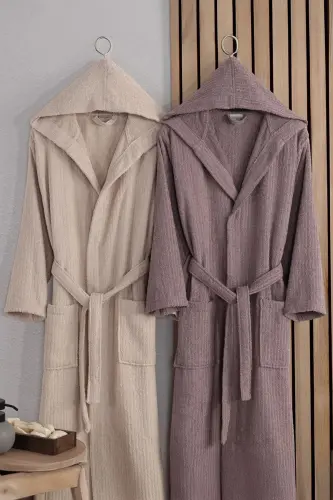 Flora Pamuk 2-Piece Striped Hooded Bathrobe Set | Bathrobe | Dowry Set | Bathrobe Set | -Rose Beige - LORATEKS (1)