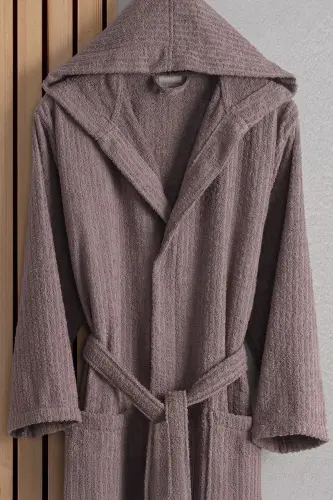 Flora Pamuk 2-Piece Striped Hooded Bathrobe Set | Bathrobe | Dowry Set | Bathrobe Set | -Rose Beige - 3