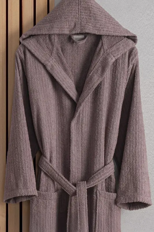 Flora Pamuk 2-Piece Striped Hooded Bathrobe Set | Bathrobe | Dowry Set | Bathrobe Set | -Rose Beige - 3