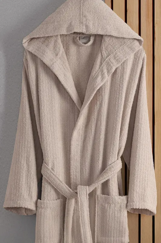 Flora Pamuk 2-Piece Striped Hooded Bathrobe Set | Bathrobe | Dowry Set | Bathrobe Set | -Rose Beige - 4