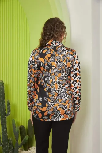 Floral And Geometric Patterned Plus Size Black Satin Shirt - 5