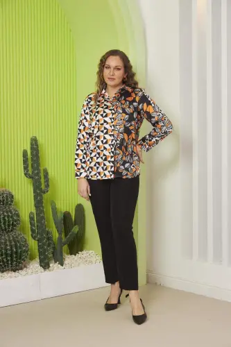 Floral And Geometric Patterned Plus Size Black Satin Shirt - 7
