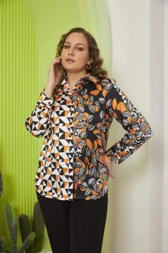 Floral And Geometric Patterned Plus Size Black Satin Shirt - 4