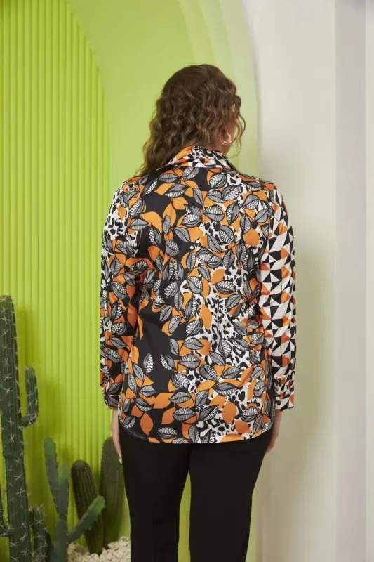 Floral And Geometric Patterned Plus Size Black Satin Shirt - 5