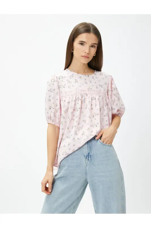 Floral Blouse with Broderie Anglaise Trim and Balloon Sleeves - KOTON